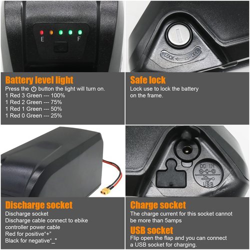 36V 48V Ebike Battery 11Ah 17Ah Electric Bike Battery with 2A Fast Charger 30A BMS for 0-1400W Motor, USB Output, Safe Lock, Led Indicator Light, with Base and Charger (48V 11AH)