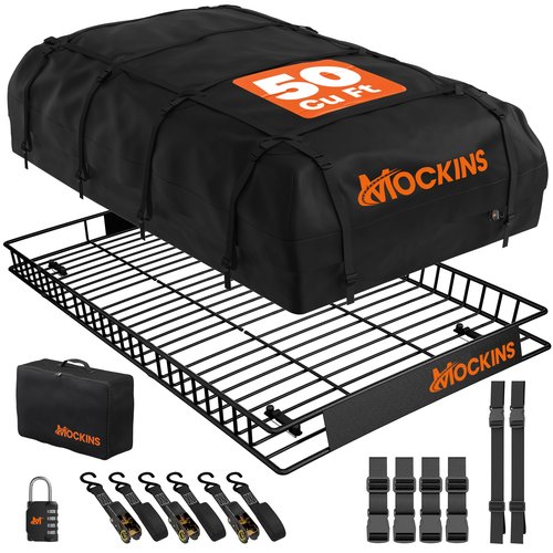 Mockins XXL 90"x50"x6" Heavy Duty Roof Rack Cargo Carrier for Top of Vehicle w/50 CuFt Waterproof Rooftop Cargo Bag | Weatherproof 250 Lbs. Cap. Roof Luggage Rack for SUV, Car, RV & Van w/Accessories