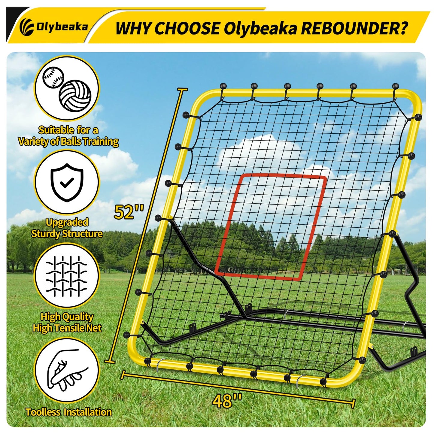 48" x 52" Baseball & Softball Rebounder Net with 3 Adjustable Angles - Pitch Back Rebound - Bounce Back Return Net - Fielding Trainer with Carry Bag - Super Stable & Easy Set Up (Yellow, Small)