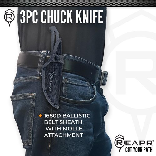 Reapr CHUK 3-Piece Throwing Knife Set – 8" Fixed Blade Knives with 420 Stainless Steel Stonewashed Blades, MOLLE-Compatible Nylon Sheath – Balanced for Target Practice, Camping, and Outdoor Use