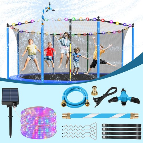 Lyromix Trampoline Accessories Kit, Trampoline Sprinkler, 50FT Solar Lights and Stakes, Non-Damaging to Net, Features 8 Light Modes, Compatible with 8 10 12 14 15 16FT Trampolin