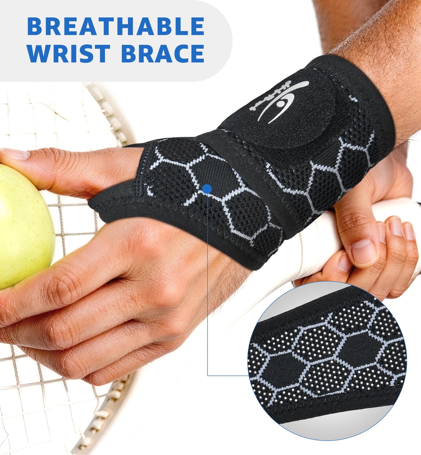 HiRui Upgraded 3D Knit Breathable Wrist Brace Wrist Wrap, Extended Length Adjustable Compression Strap, Elastic Support for Wrist Pain Relief, Carpal Tunnel, Sports, Gym & Daily Use (1, Black)