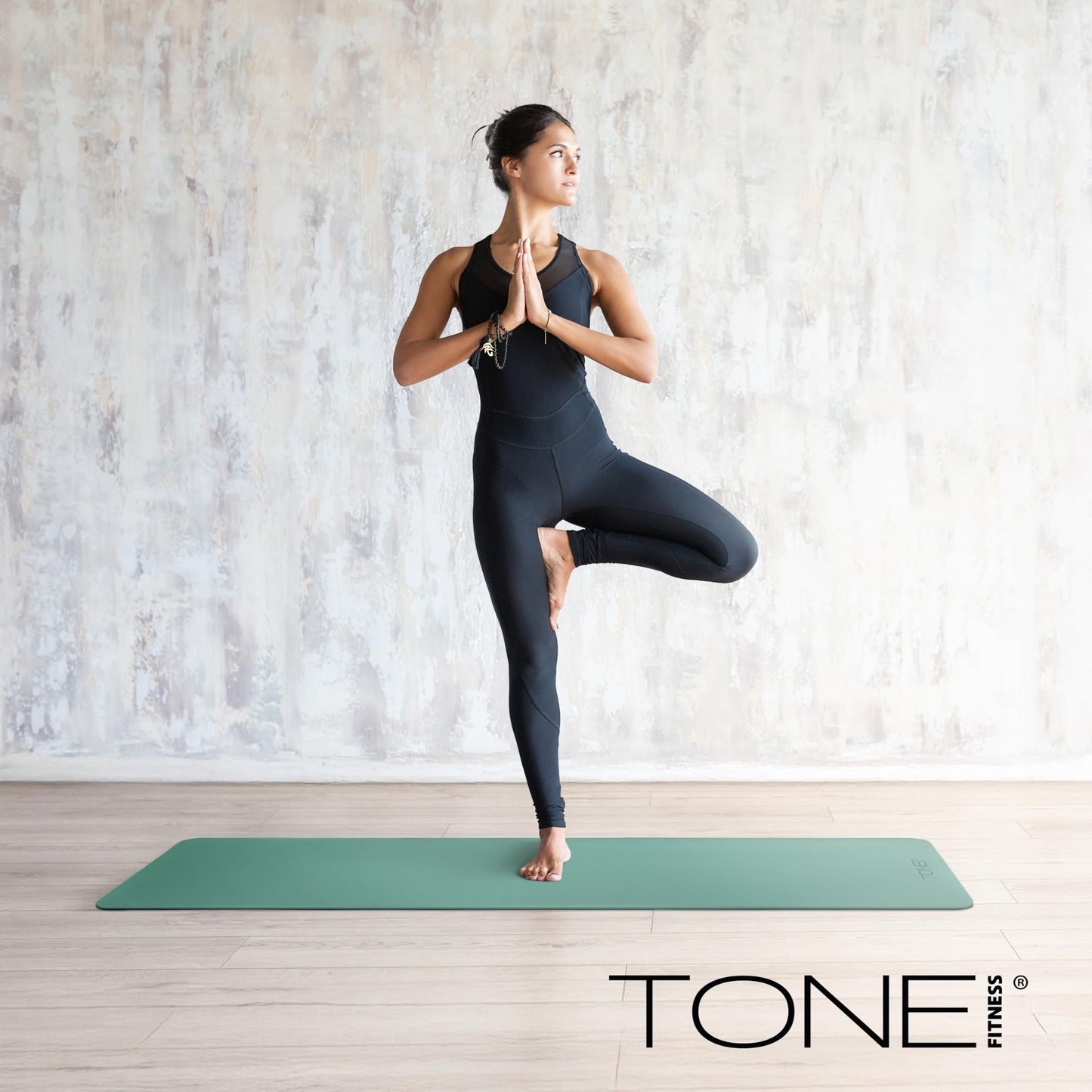 TONE Fitness Yoga Mat 1/4" Thick Non Slip Exercise & Pilates Mat for Home Workouts with Carrying Strap | V Pattern | Black/Teal