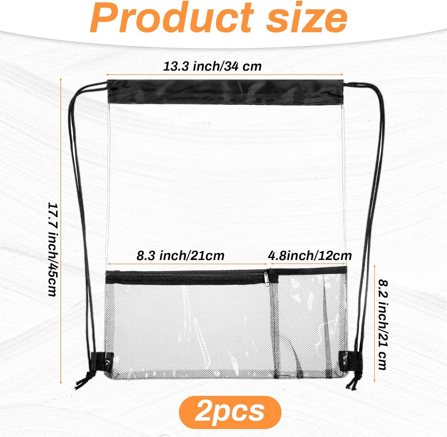 2 Pack Clear Drawstring Backpack Clear Drawstring Bags See Through Transparent PVC Backpack String Cinch Bag for Concerts, Sports, Travel, Work, Black