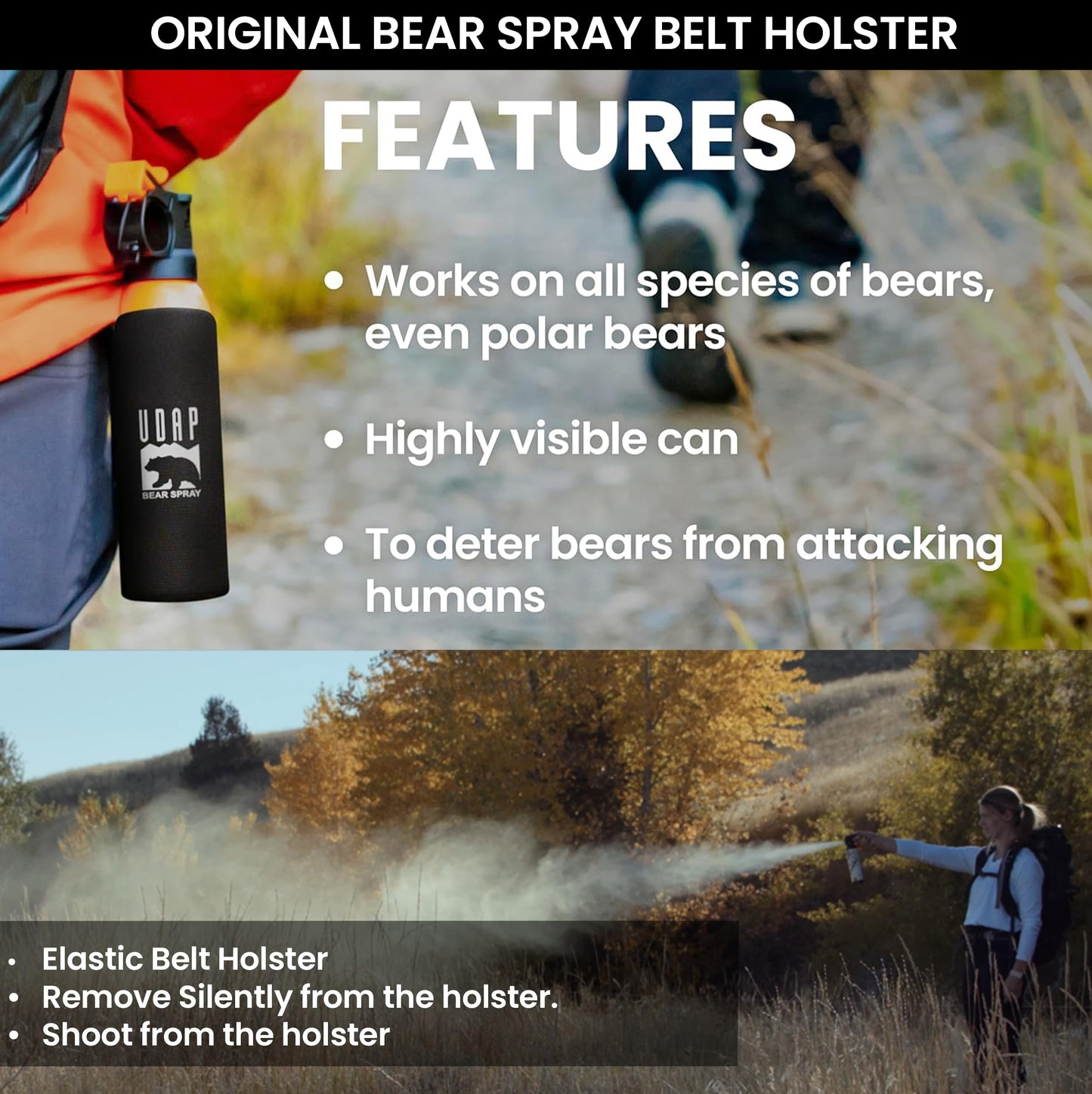 UDAP Pepper Power Bear Spray Self Defense Deterrent with Holster for Camping, Hiking, Fishing, Powerful Blast Pattern, 30 ft Fog Barrier, Safety Orange, SO2, 7.9 oz, 2 Pack