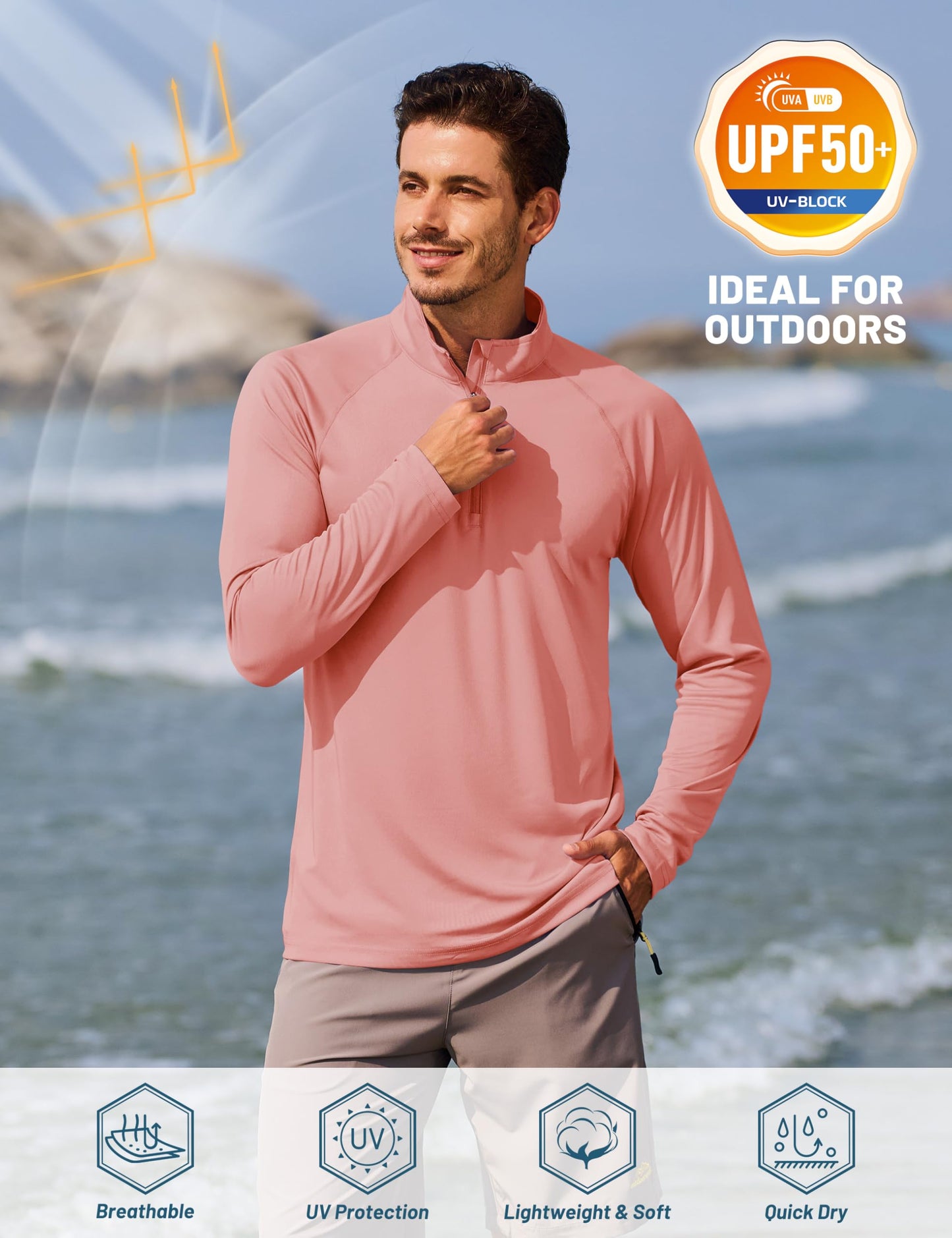 TACVASEN Mens UV Sun Protection Shirts Running Gym Athletic Long Sleeve Shirts for Swim Rash Guard Workout Dry Fit T-Shirts Grey Pink XXL