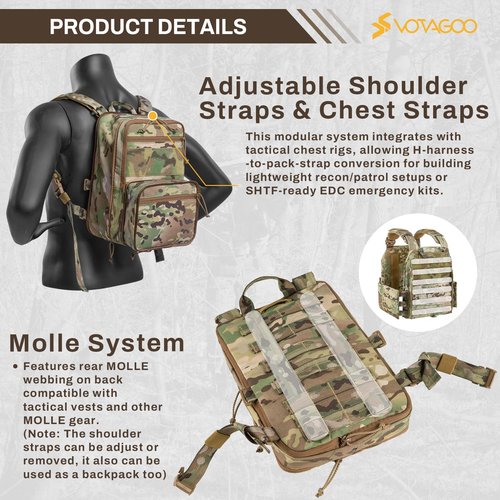 VOTAGOO GEAR Tactical Hydration Pack for 2L Hydration Water Bladder, Molle Flatpack Assault Pack with Straps, 500D Nylon Expandable Backpack for Quick-Detach Chest Rig and Tactical Vest