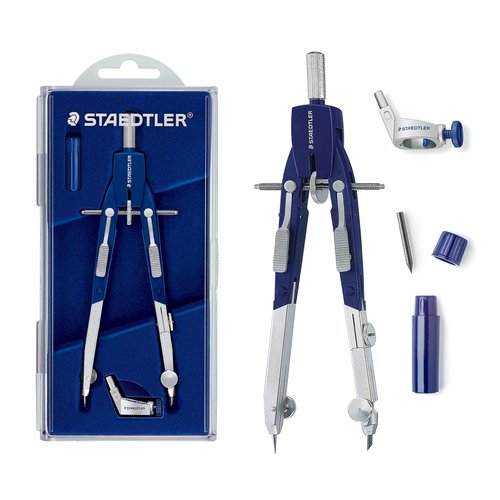 STAEDTLER Comfort Metal Quick Setting 6" Compass 2 Piece Set: Universal Adapter, Push-Button Mechanism & Extra Leads - Draws Circles up to 350mm