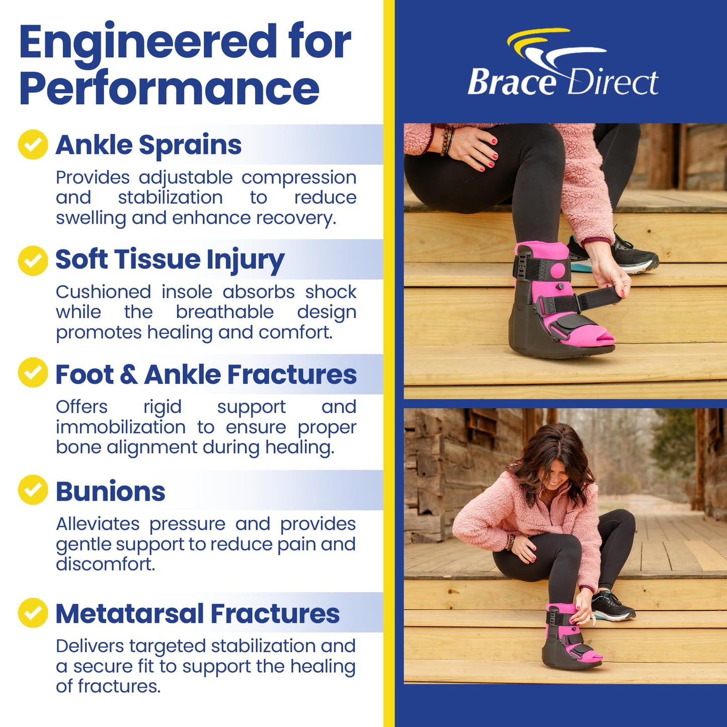 Brace Direct Women’s Short Air CAM Walker Boot - Pink Lined Fracture Boot with Air Pump for Foot & Ankle Fractures, Injuries, Sprains, and Post Op Recovery L4361 (Medium - US Shoe Women 8.5-11.5