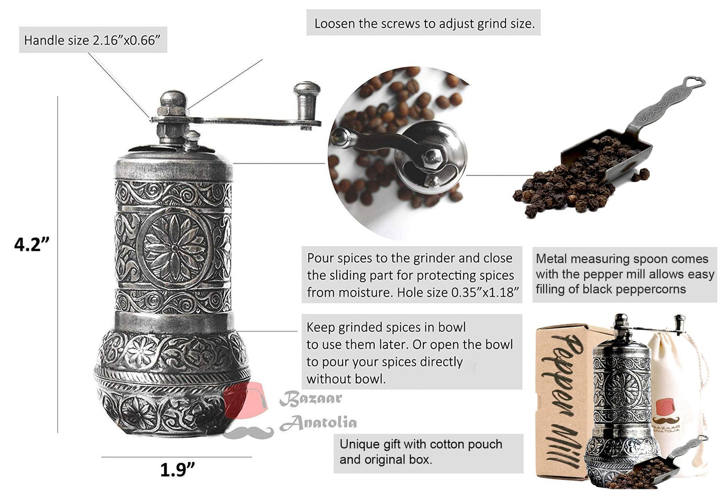 Bazaar Anatolia Turkish Pepper Mill Grinder Refillable Spice 4.2" Manual Crank Handle (Dark Silver)
