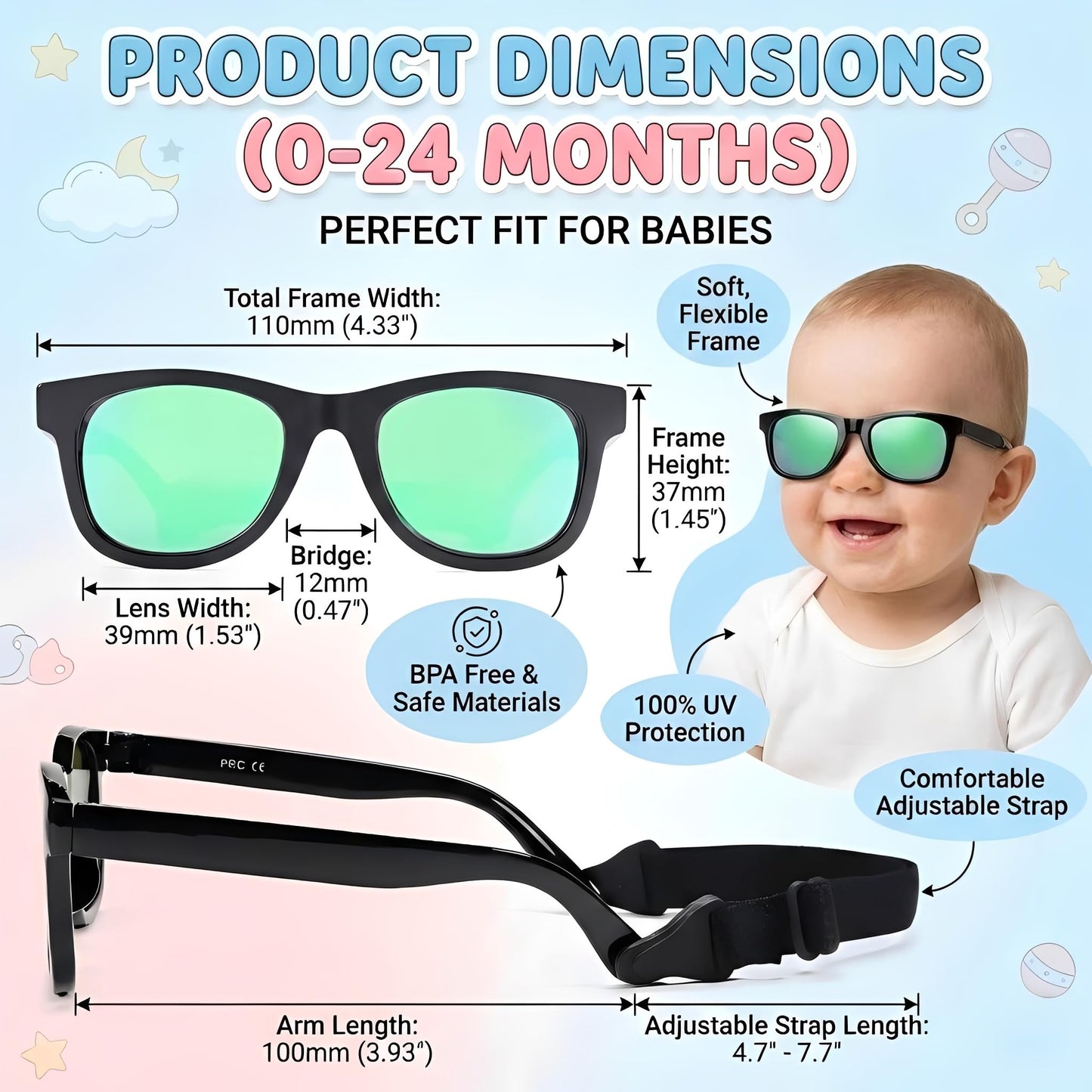 GLARDEFE Polarized Baby Sunglasses with Strap - Unbreakable Infant Sunglasses for Newborn Toddler Boys Girls Age 0-12 Months(Black/Green Mirror + Black/Grey + Black/Blue Mirror)