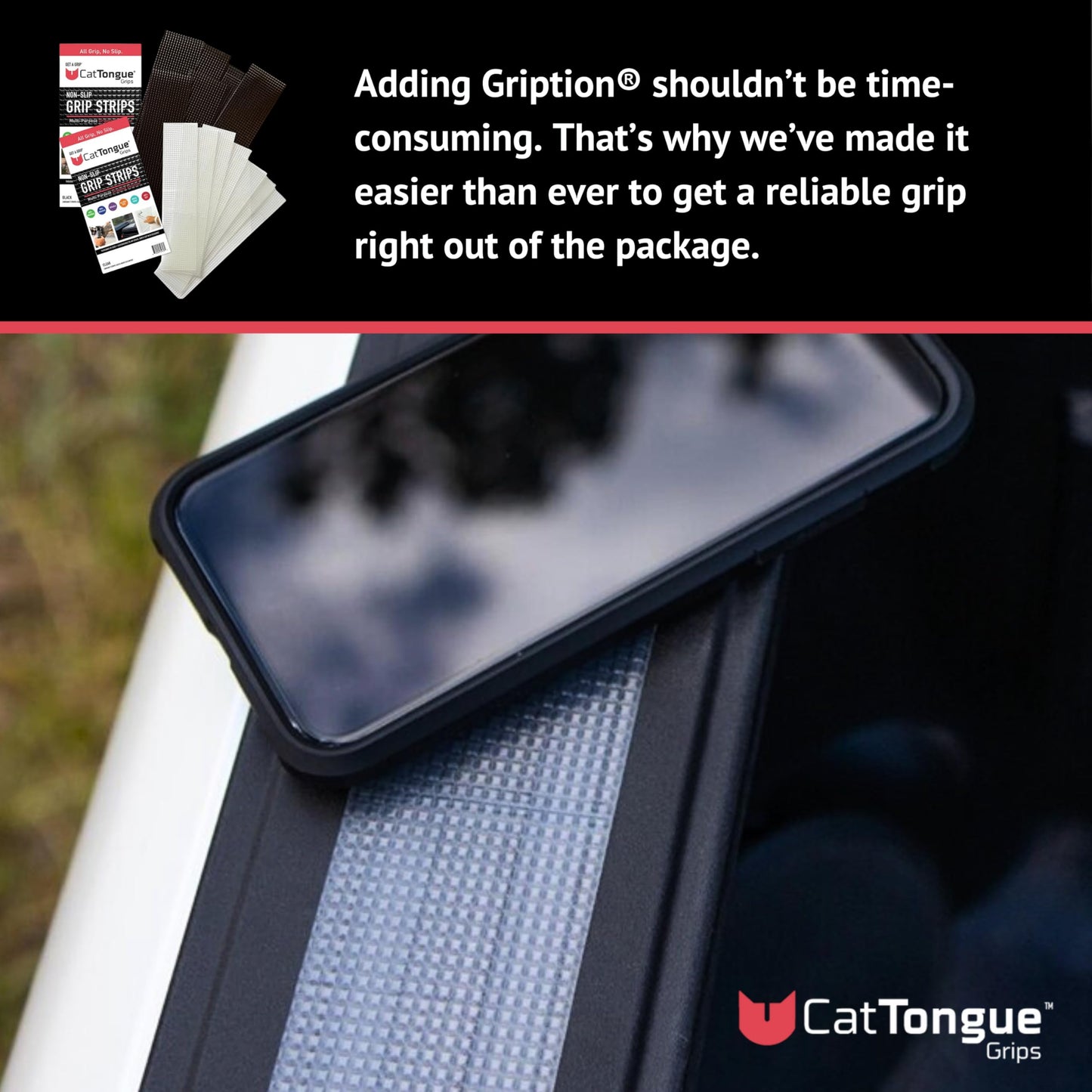 CATTONGUE GRIPS 2” Non-Abrasive Grip Tape Strips - Heavy-Duty, Waterproof Anti-Slip Tape for Furniture, Bathtubs, Frames, Gaming & More - Indoor & Outdoor Anti-Slip Solution (Clear, 1-Pack)