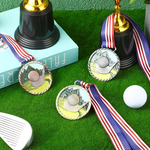 Huquary 3 Pcs Golf Color Medal Gold Silver Bronze Golf Ball Award Medals with Neck Ribbon for Kids Adults Sports Tournament