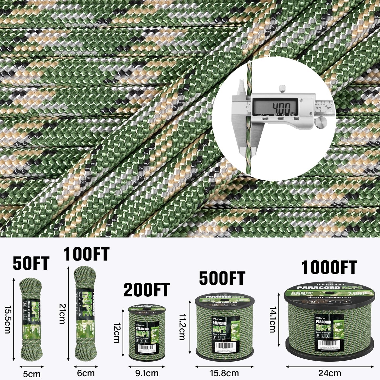 Paracord Rope 550 lb - 200ft 5/32" Parachute Cord 4MM 7-Strand para Cord - Heavy Duty Spool String for Survival,Camping Gear, Survival Bracelet, Clothesline - Camo Green