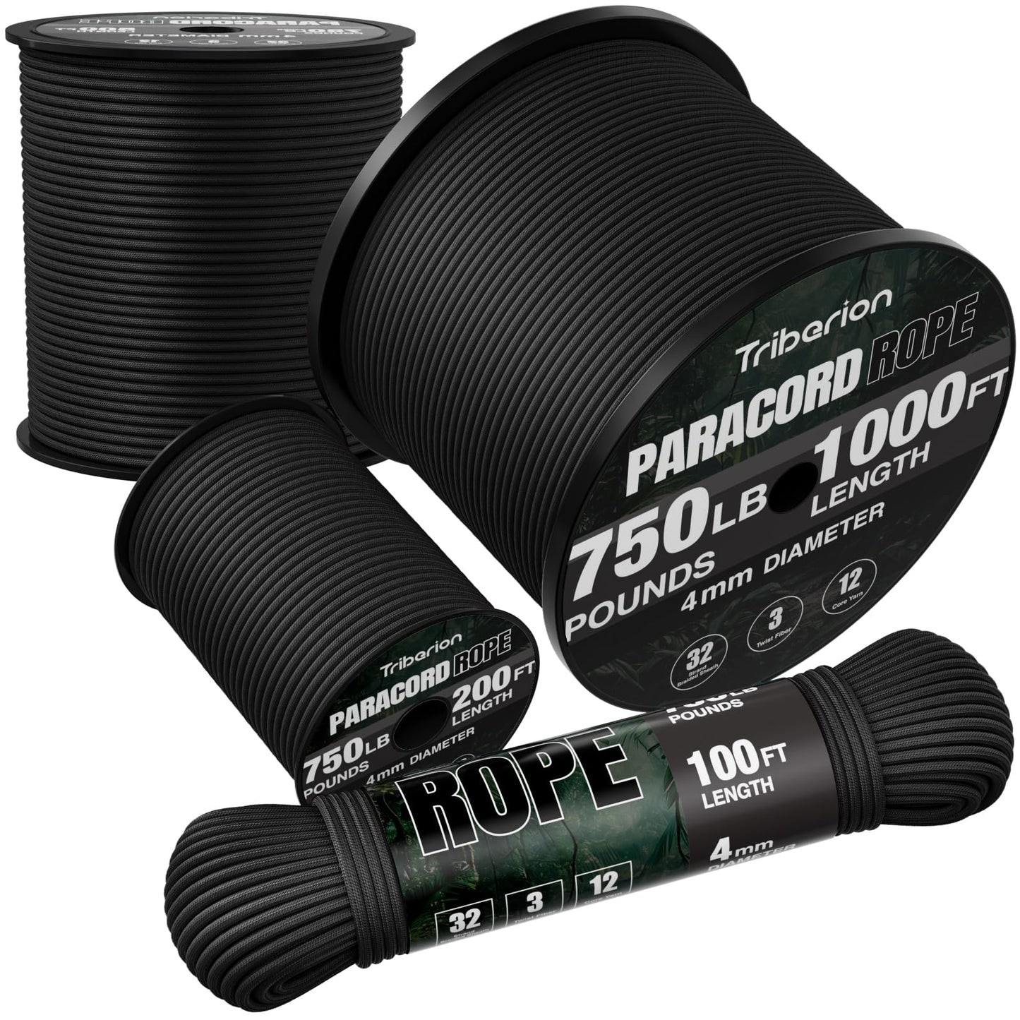 TRIBERION Paracord Rope 750 lb - 50ft 5/32" Parachute Cord 4MM 12-Strand para Cord - Heavy Duty Spool String for Survival,Camping Gear, Survival Bracelet, Clothesline - Black