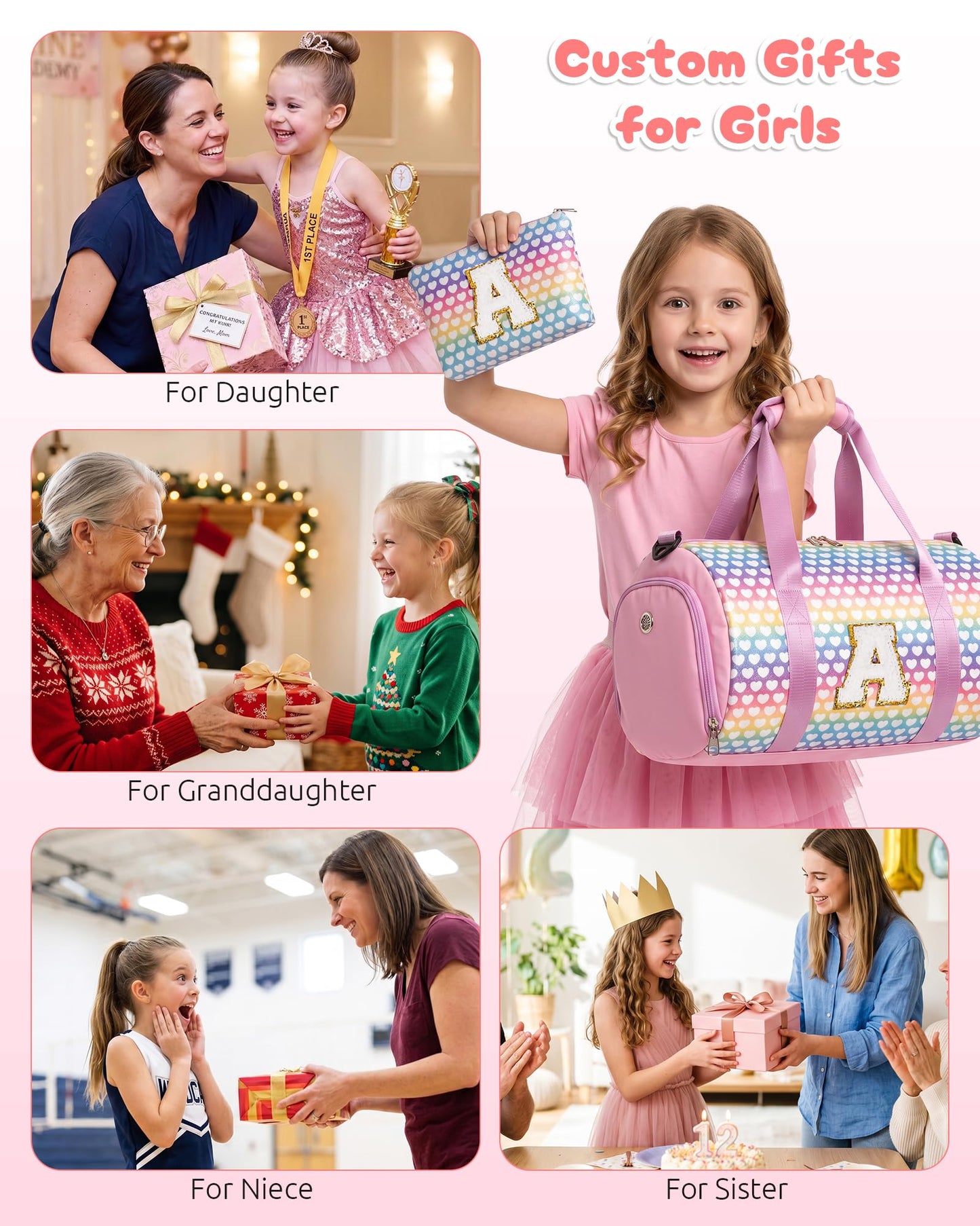 Vogewood Birthday Gift for 3 4 5 6 7 8 9 10 Year Old Girls-Kids Travel Duffle Bag with Makeup Pouch, Customized Girls Gymnastics Bag with Shoe Compartment, Dance Recital Gifts for Girls (Letter A)