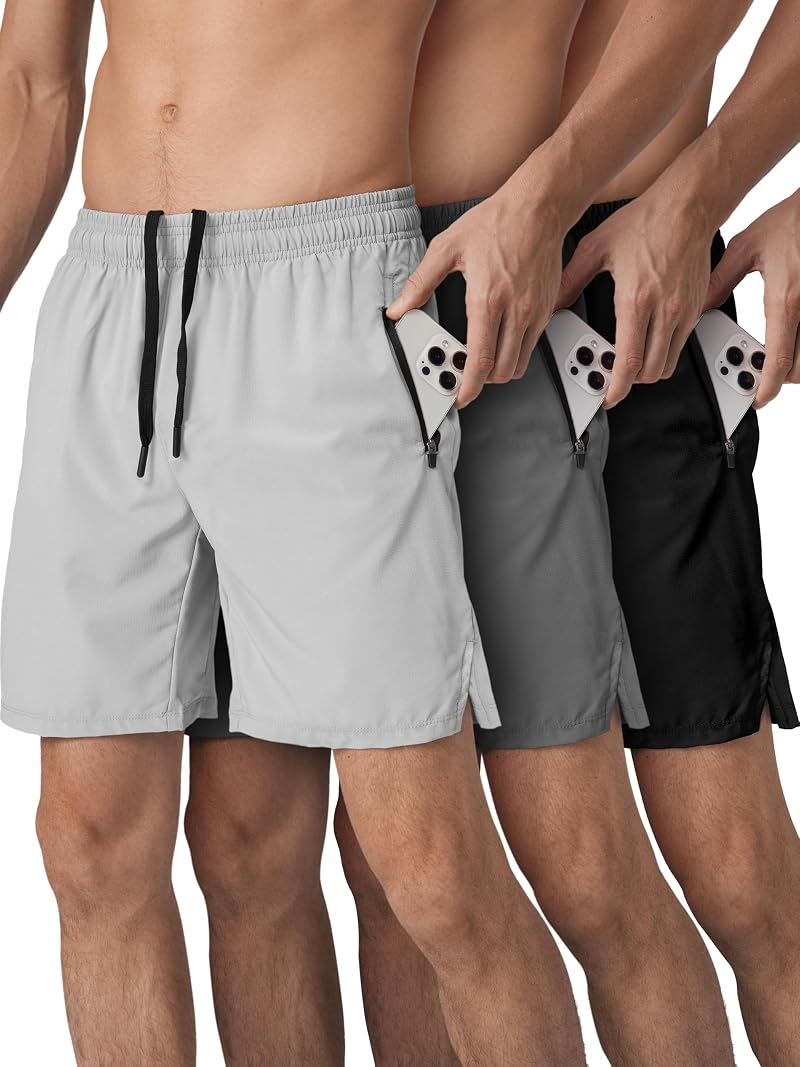 Mens Athletic Shorts 3 Pack Quick Dry Gym Running With Zipper Pockets - Black/Gray/Charcoal Medium