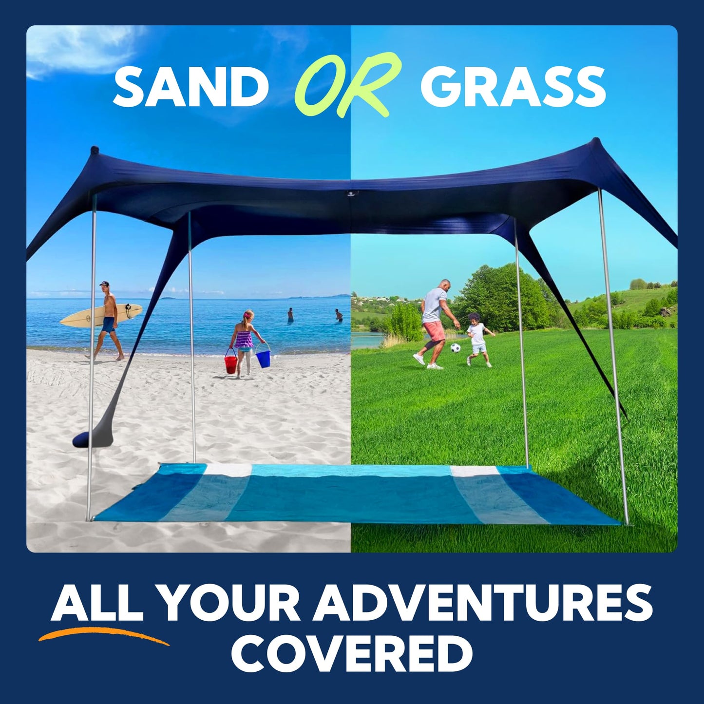 SUN NINJA Beach Tent Shelter with UPF50+ Protection, Includes Sand Shovel, Ground Pegs, Stability Poles, Outdoor Pop Up Shade Canopy for Camping, Fishing, Backyard Fun (Royal Blue, 5x5 FT 4 Pole)