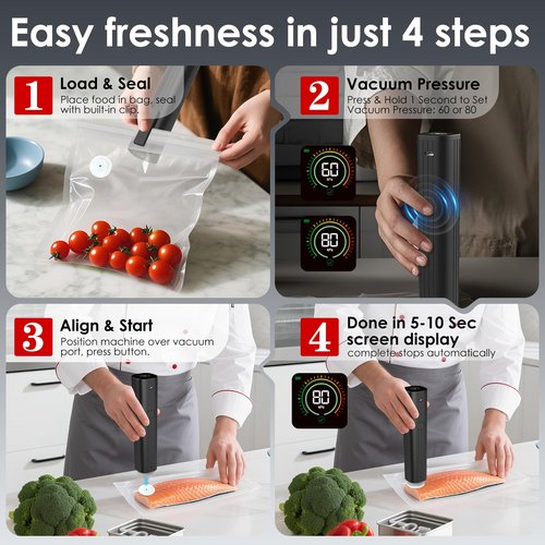 Vacuum Sealer, Portable handheld Vacuum Sealer, (Portable Food Sealer + 30 Reusable Vacuum Bags) With LED pressure display, 2-Speed Pressure Control (60/80 Kpa)