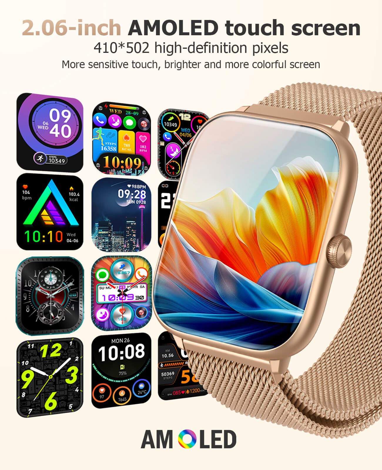 Smart Watch for Women with Blood Pressure Monitor, 2.06" AMOLED Display, IP68 Waterproof Fitness Tracker, 118 Sports Modes, Heart Rate/SpO2/Sleep Monitor, Gift for Her, Compatible with Android iPhone