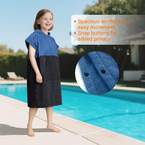 Zingtto Hooded Beach Towels for Kids Surf Poncho Swim Robe for 6-13 Years, Big Kids Hooded Bath Towels Thick Changing Robe Girls Boys, Black Blue
