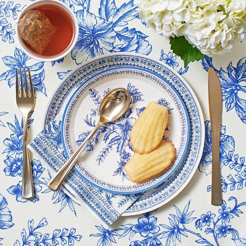 Blue & White Floral Paper Plates (Set of 10) 9.25” - Coterie Toile Floral Party Plates, Blue