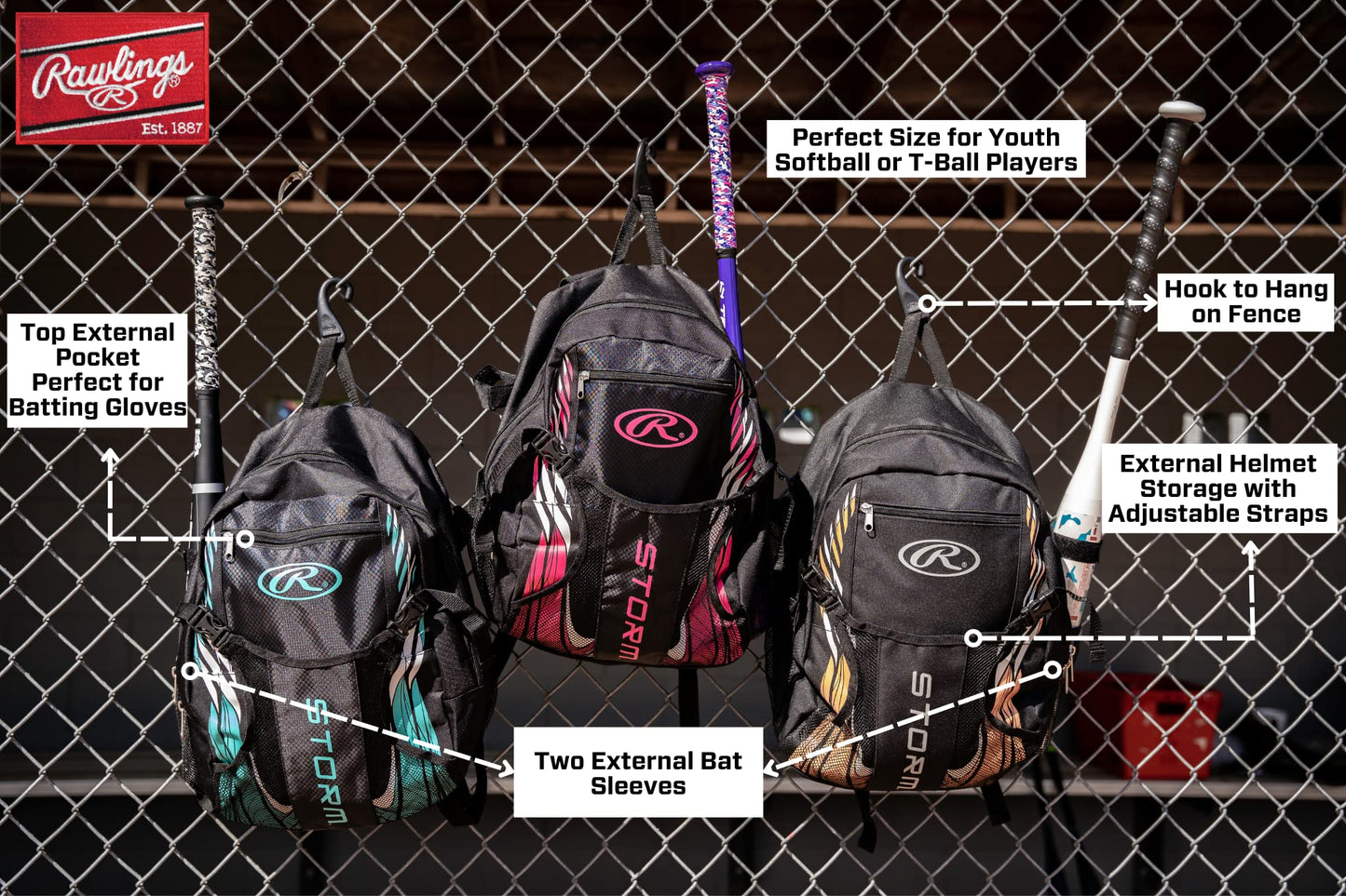 Rawlings | Storm Backpack Equipment Bag | Girls T-Ball/Youth Baseball & Softball | Multiple Colors