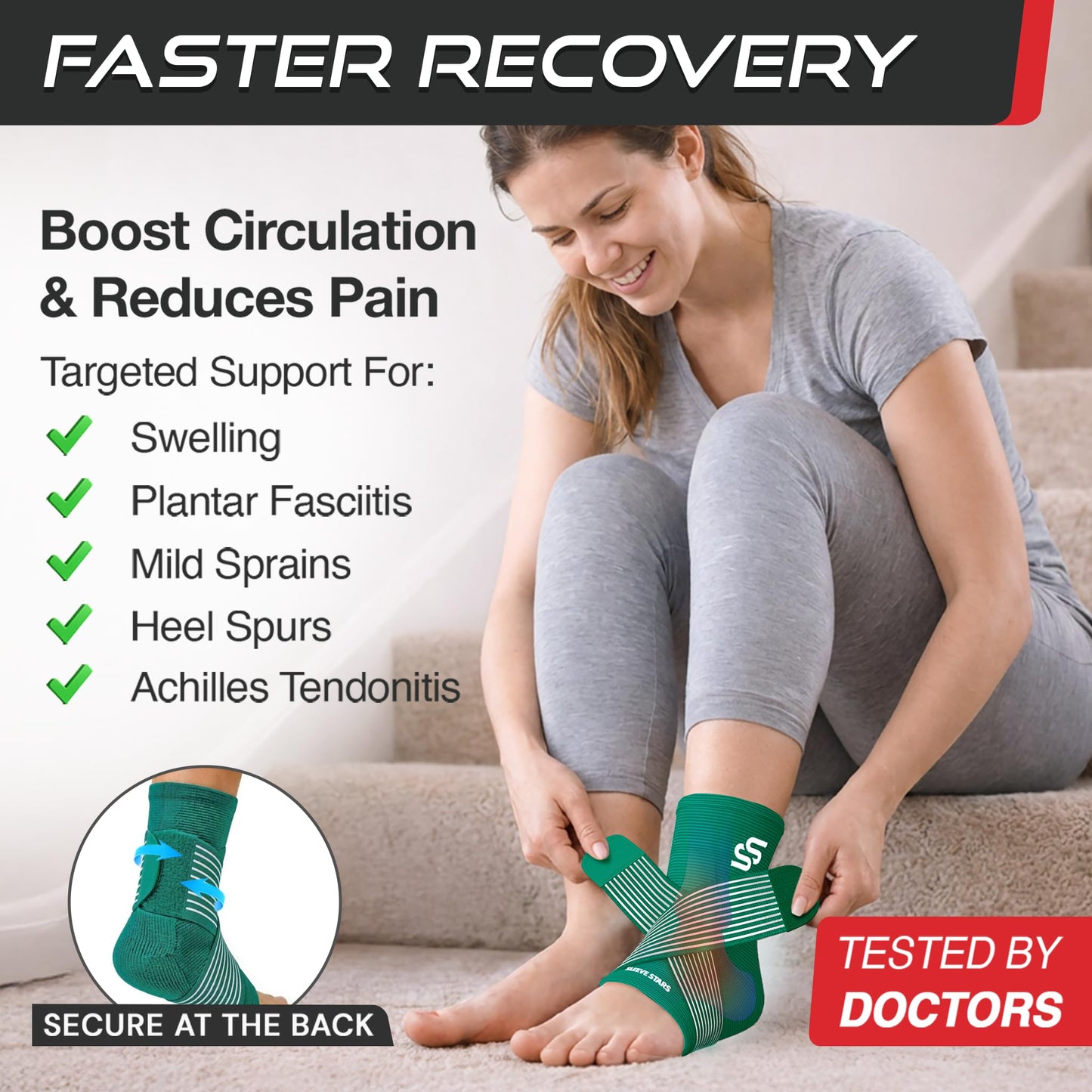 Sleeve Stars Ankle Brace for Women & Men, Ankle Wrap for Sprain, Compression Sleeve for Plantar Fasciitis Relief, Easy Customizable Support: w/ Removable Strap (Single/M:10"-12"/Turquoise)