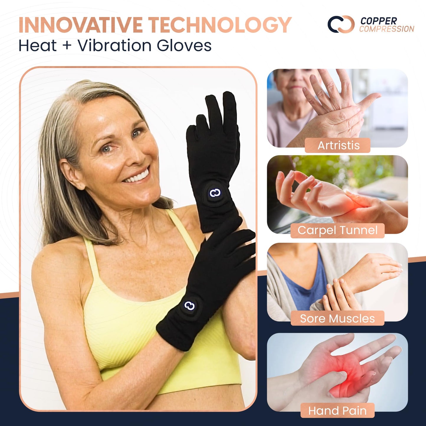 Copper Compression CopperVibe Vibration & Heat Gloves - Heated Hand Massage