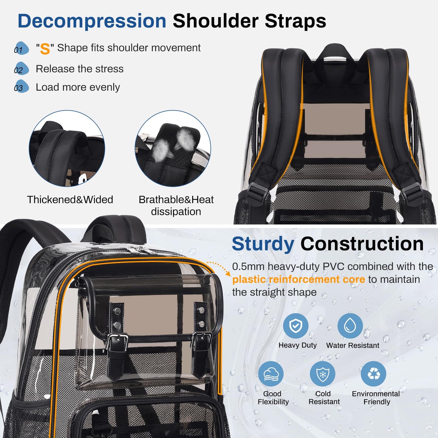 PIG PIG GIRL Clear Backpack Heavy Duty, PVC Clear Bookbag Transparent Backpack See Through Bag for Stadium College for Adult Men Women, Semi-Black