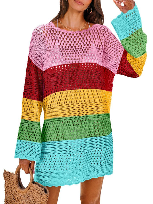 ANRABESS Women Swimsuit Crochet Swim Cover Up 2026 Summer Bathing Suit Swimwear Mesh Knit Beach Dress Vacation Outfits Rainbow Stripe X-Large