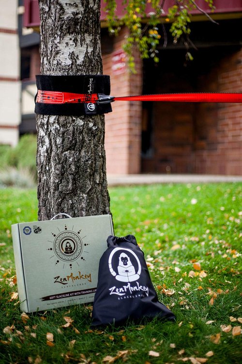 ZenMonkey Slackline Kit with Overhead Training Line, Arm Trainer, Tree Protectors, Cloth Carry Bag and Instructions, 60 Foot - Easy Setup for The Family, Kids and Adults