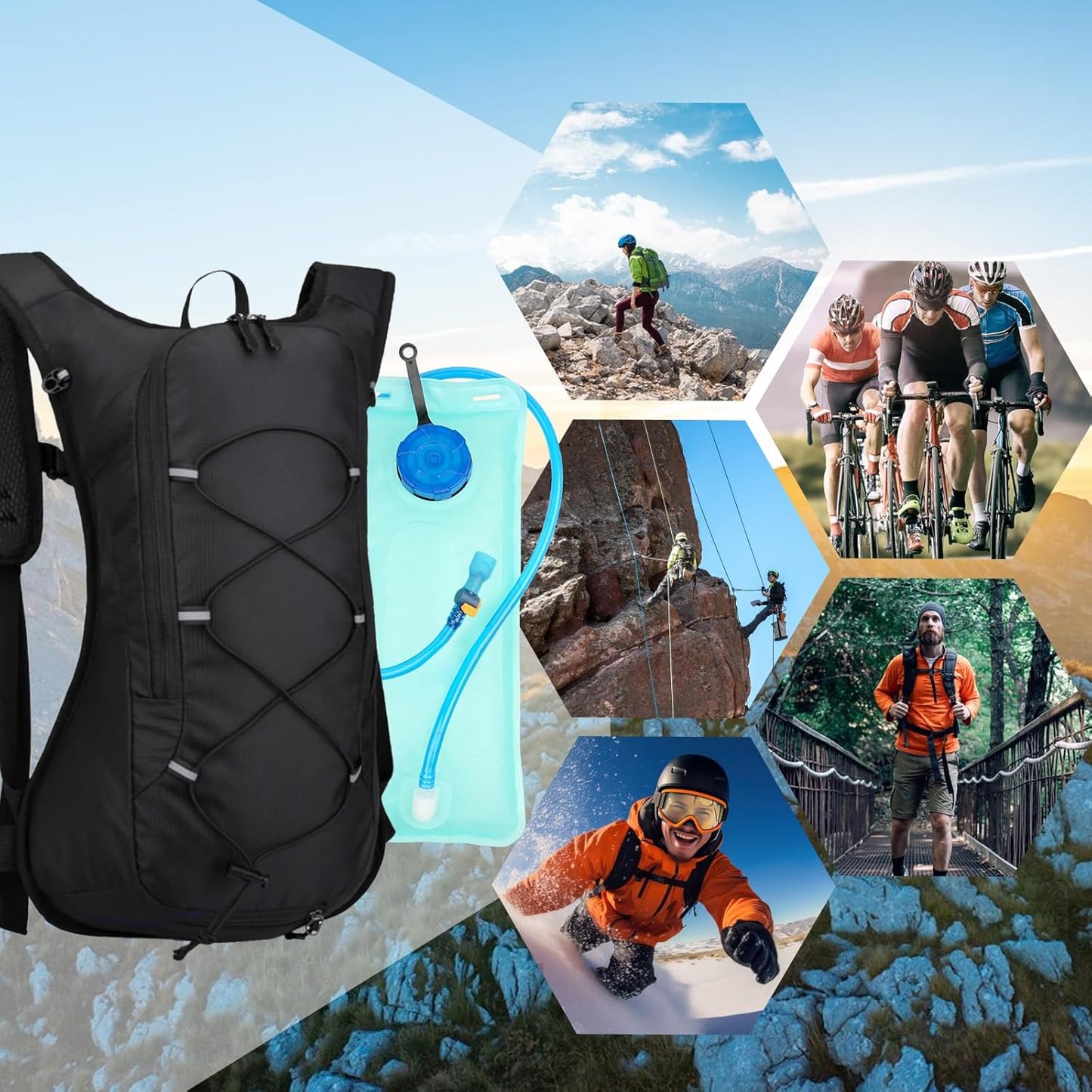 Hydration Backpack, Water Backpack with 2L Water Bladder, Hiking Backpack, Lightweight, High Flow Bite Valve Water Backpack, Hydration Pack for Biking, Running and Climbing