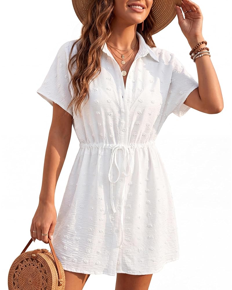 Bsubseach White Small Button-Front Swim Cover Up Dress