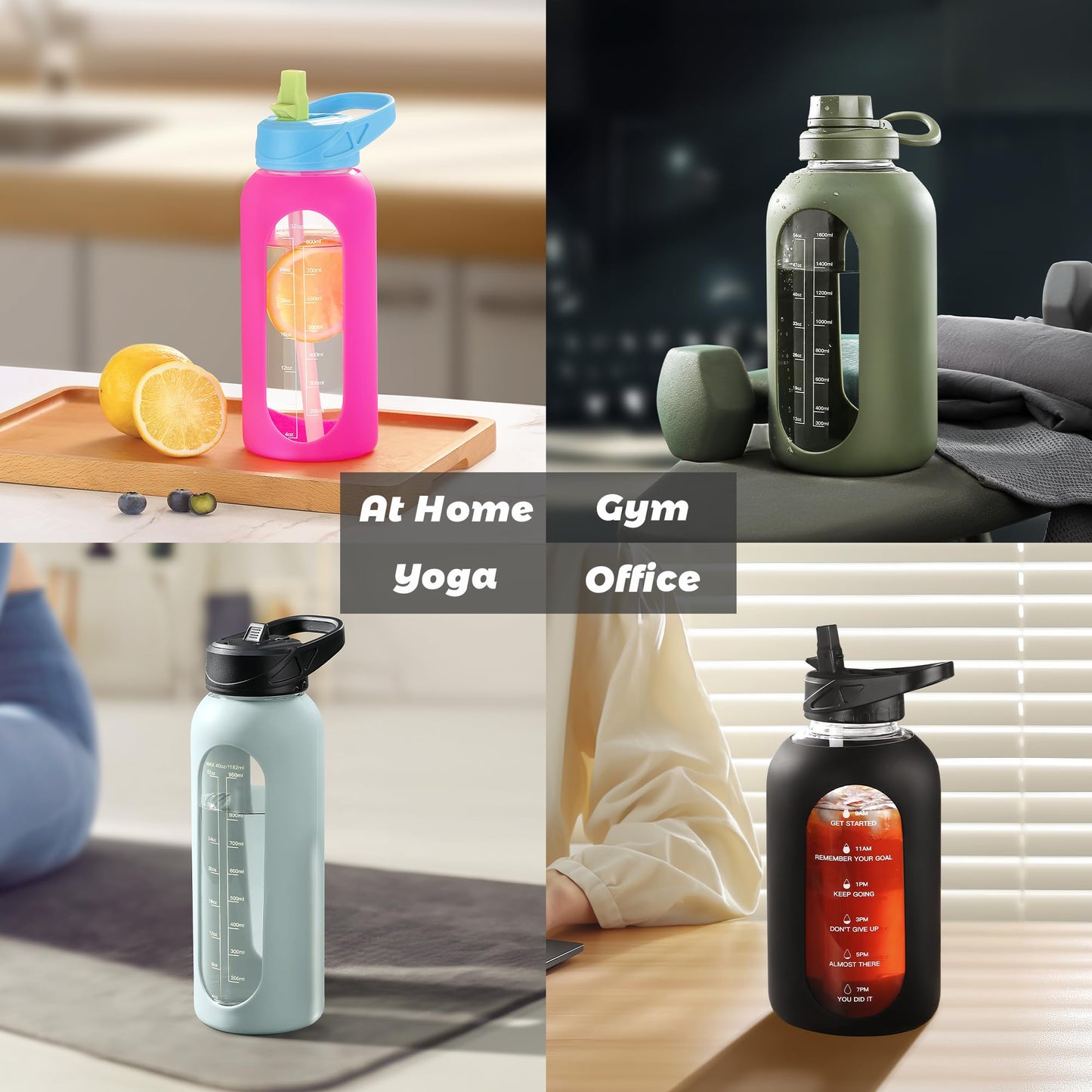 CIVAGO 40 oz Glass Water Bottle with Straw and Handle, Large Sports Motivational Water Bottle Flask with Time Marker and 2 Lids, Leakproof Water Jug Canteen with Silicone Sleeve for Gym, Black