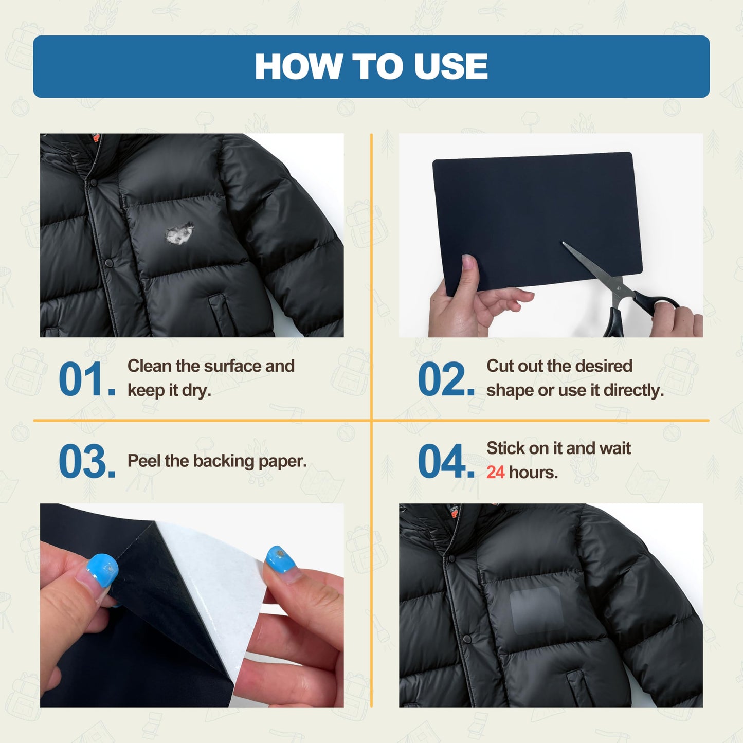 KING MOUNTAIN Self Adhesive Nylon Fabric Repair Patch, 5×8 Inches 8 Pcs, Quick Down Jacket Repair Patch, Waterproof Outdoor Gear Patch Kit for Tent,Backpacks,Umbrella, Gloves(Army Green)