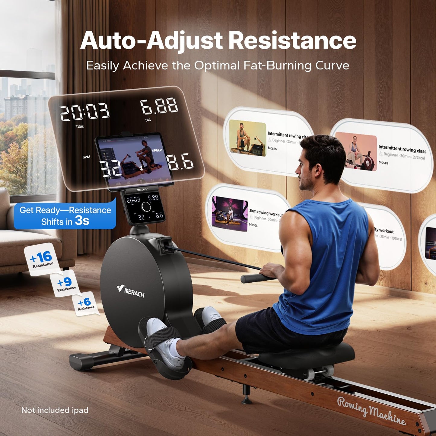 MERACH Pro-Grade Rowing Machines for Home, Smart Magnetic Rowing Machine with Self-Generation, Double Resistance and 400 LBS MAX Load, Wooden Tracks for Silent Sliding