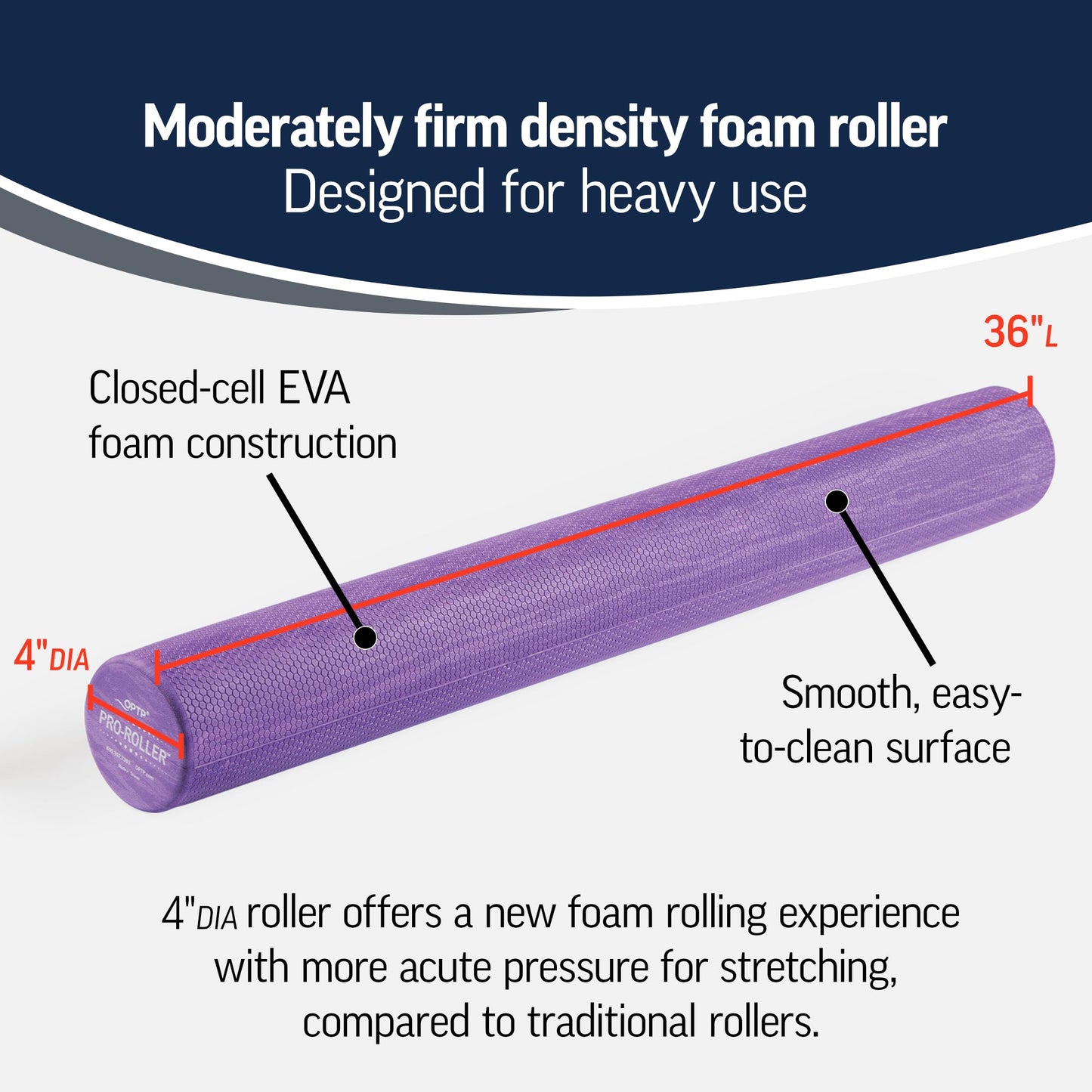 OPTP PRO-Roller Standard Density Foam Roller – Medium Density Foam Roller for Physical Therapy, Pilates, Yoga Foam Roll Exercises, and Muscle Recovery - Purple 36" x 4"