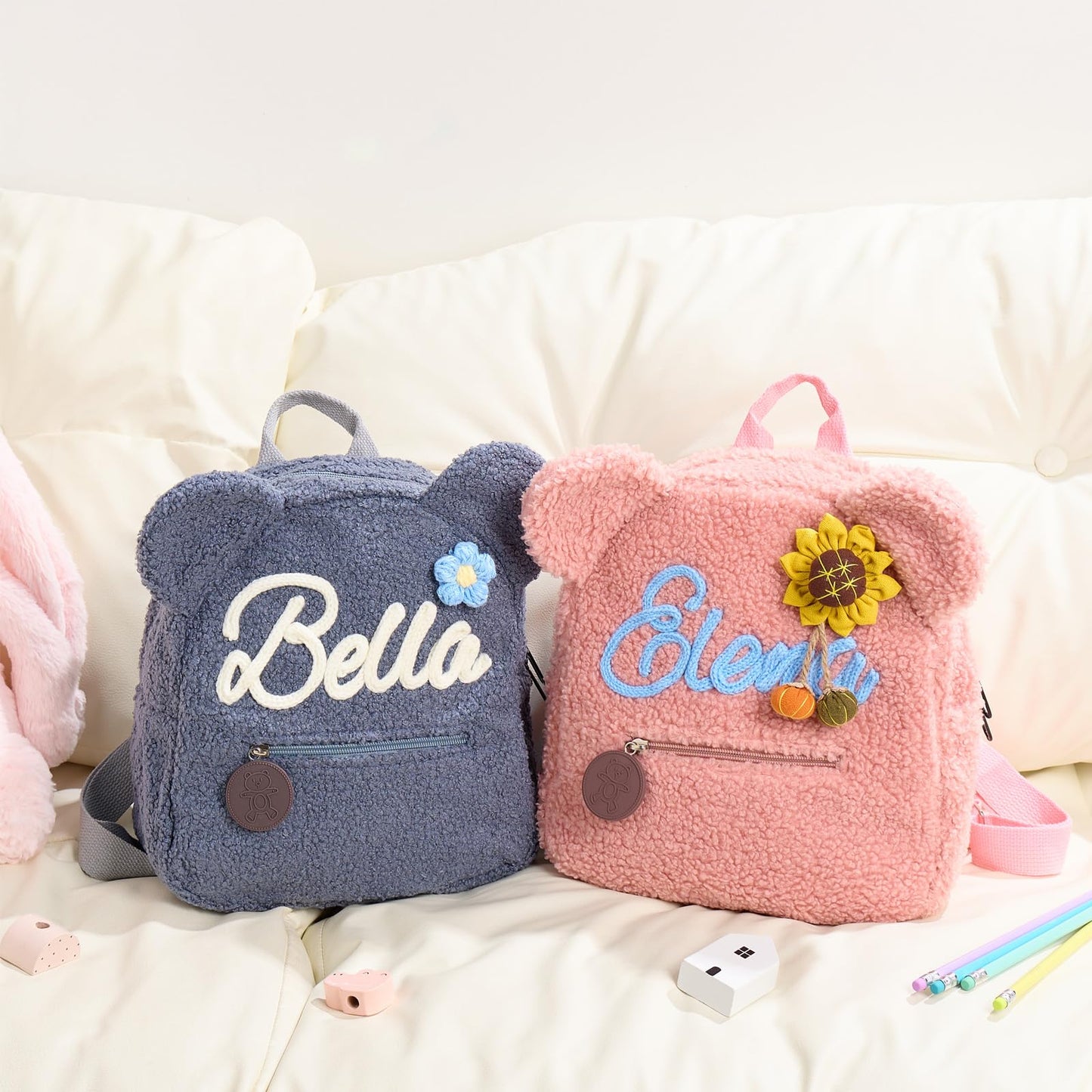 Personalized Embroidered Plush Bear Backpacks with Name, Customed Cartoon Day Care Bags for Boys Girls, Cute Fuzzy Large Capacity Bears Purse Bag for Toddler, Gifts for Couples Easter Birthday