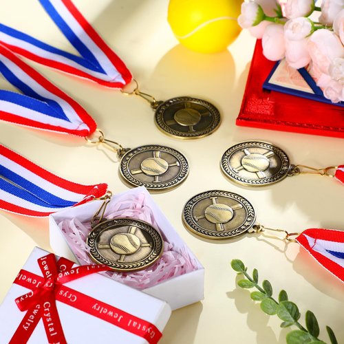 Remuuly 60 Pcs Gold Award Medals 2 Inch Soccer Baseball Volleyball Football Cheer Trophy Medals Metal Awards Bulk with Neck Ribbons Trophy Prize Gifts for Sports Competitions (Baseball)