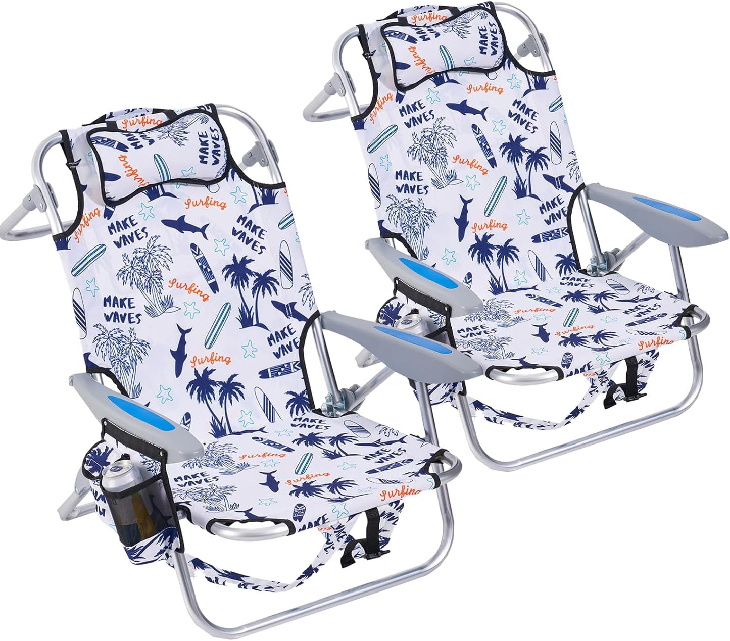 2 Pack Lightweight Portable Camping Beach Chair for Adults, Outdoor Lay Flat Folding Beach Chairs with 5 Positions, Backpack Beach Chair with Towel Bar, Zipper Pouch, Cup Holder, Ocean Striped