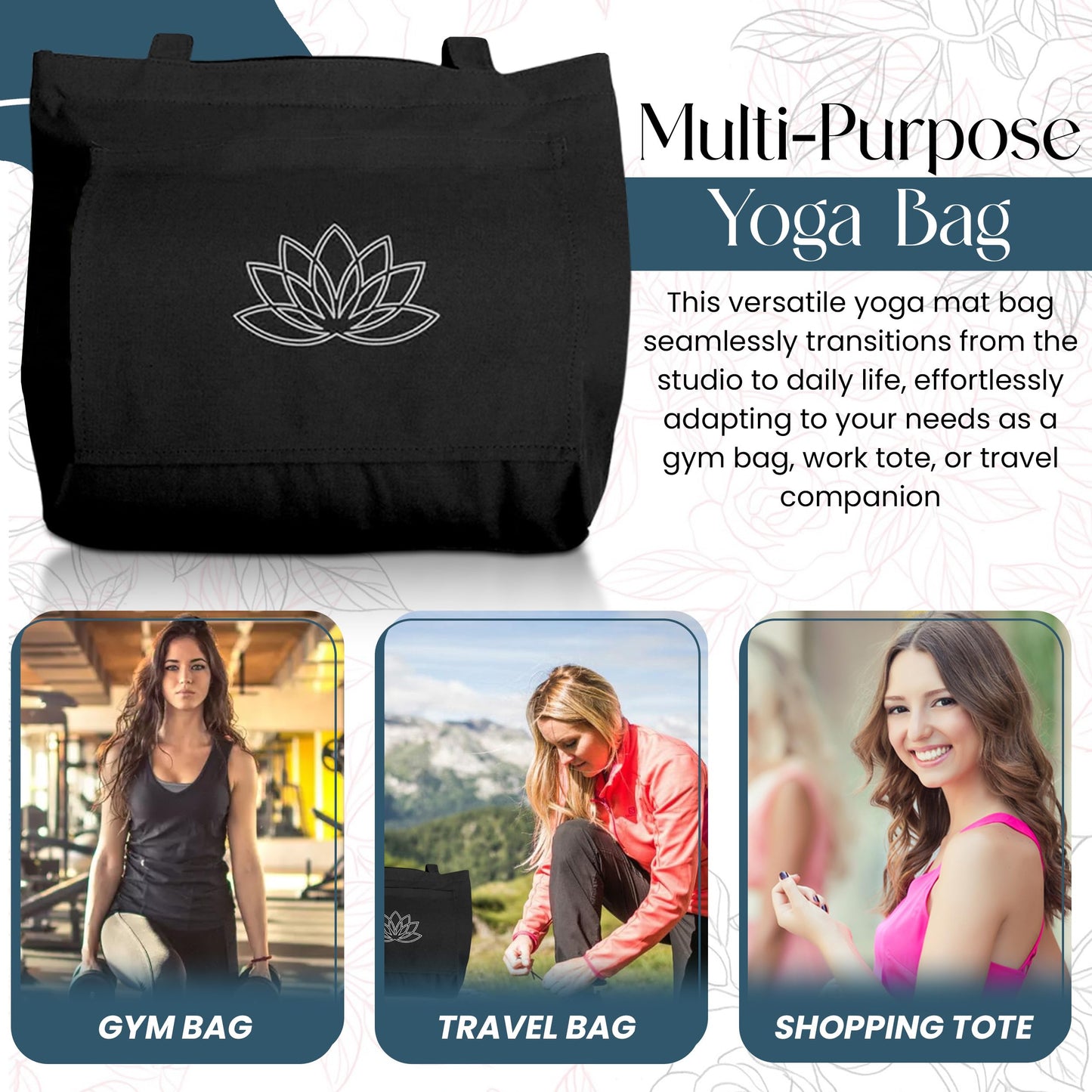 Hygge Beaute Yoga Mat Bag Carrier - Yoga Mat Carrier - Women's Yoga Bag and Workout Tote - Gym Yoga Mat Bag for Accessories and Gear - Gym Mat Holder Tote Bag (17"x13.75"x5")