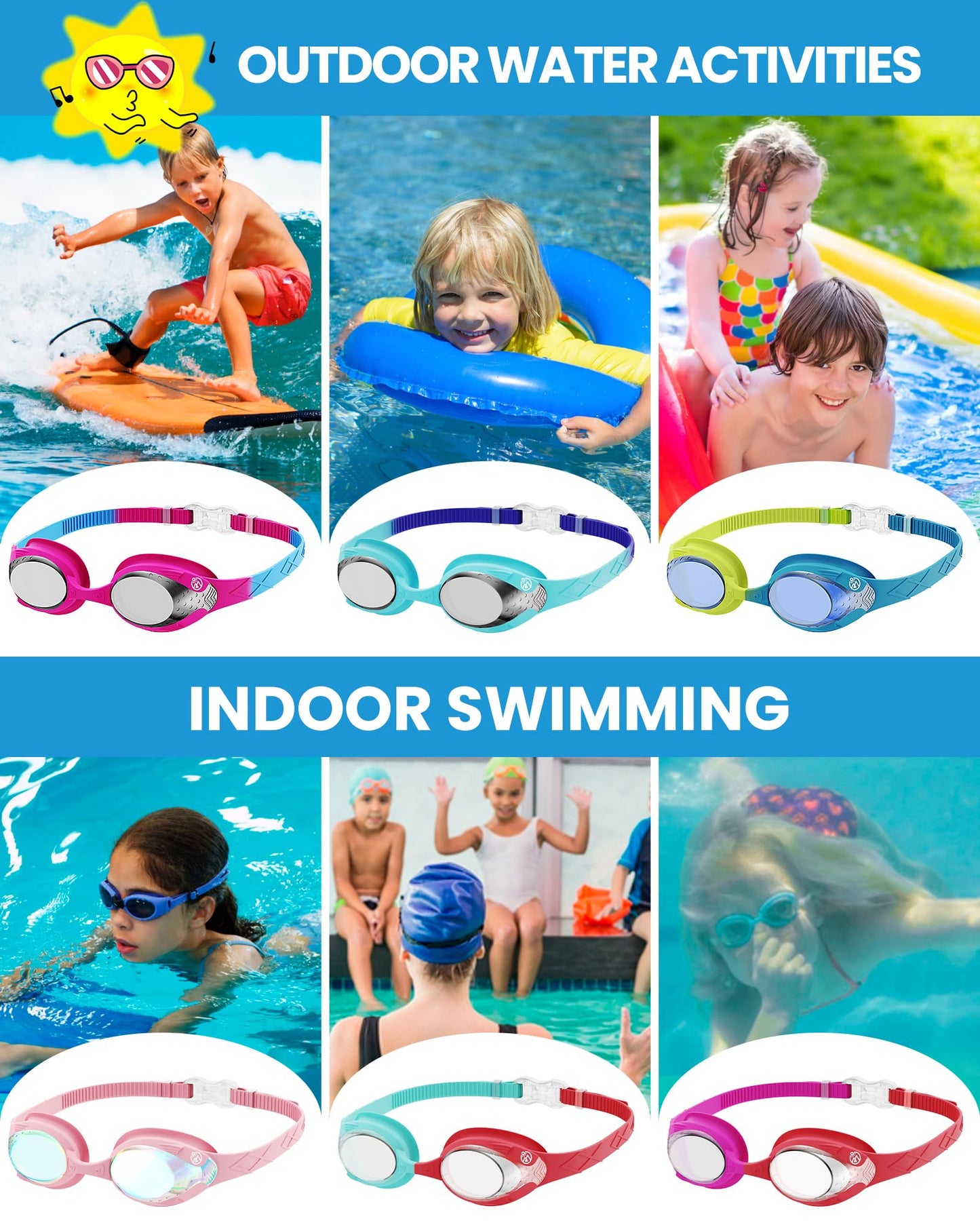 OutdoorMaster Kids Swim Goggles 2 Pack - Quick Adjustable Strap Swimming Goggles for Kids, Blue Red