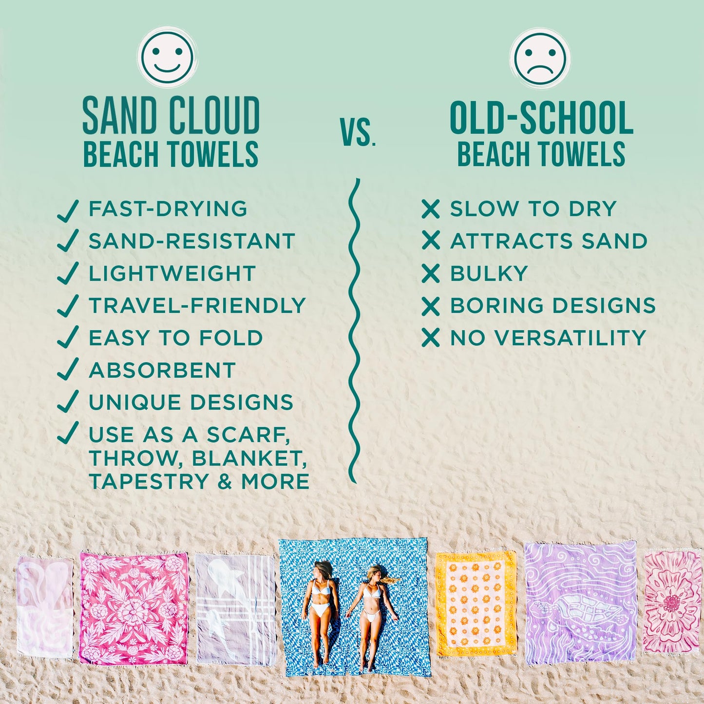 Sand Cloud Turkish Beach Towel - 100% Organic Cotton Turkish Bath Towels - Ultra Soft, Sand Resistant & Quick Dry Towel for Beach, Pool, or Picnic Blanket - As Seen on Shark Tank