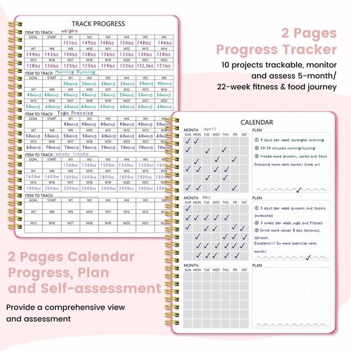 Fitness & Food Journal for Women, Undated 150-day Workout & Wellness Planner with Measuring Tape, Pink Weight Loss Journal for Setting Goals Tracking Exercise Training Diet Progress (9.5’’*7’’)