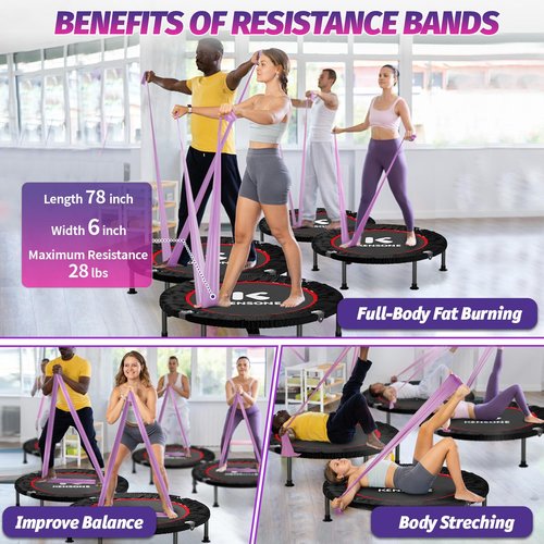 K KENSONE 40" Mini Spring Trampoline with Purple Resistance Band, Rebounder Trampoline for Adults, Small Fitness Rebounder for Indoor Exercise, Max Load 330 LBS