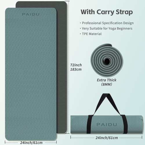 PAIDU Yoga Mat 8mm Super Thick TPE Fitness Mat | SGS Certified | Non-Slip, Odorless & Tear-Resistant | Unisex with Strap | for Yoga, Pilates, Meditation & Home Workouts （Deepgreen&Gray）