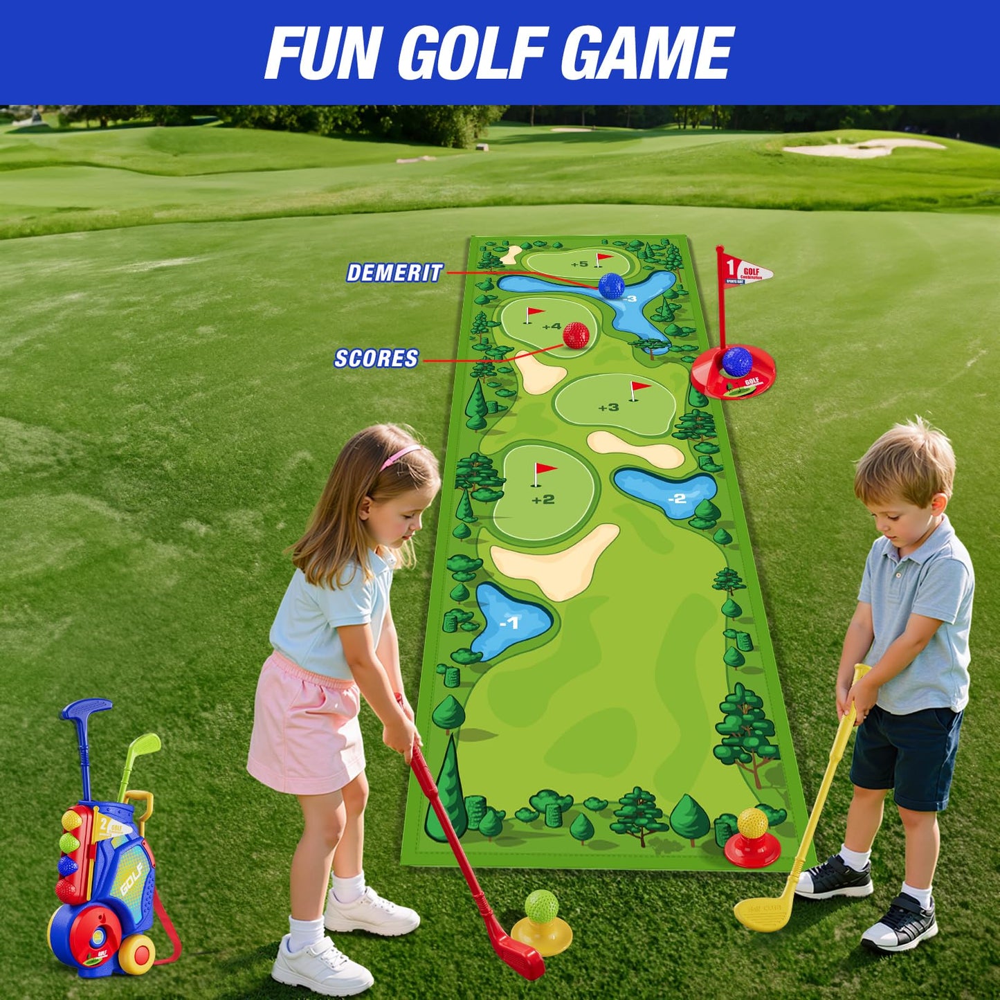 HYES 3 in 1 Toddler Golf Set with Putting Mat & Sticky/Golf Game, Kids Golf Club with 8 Balls, 4 Plastic Clubs, Scoreboard, Indoor Outdoor Sport Toys with Golf Cart Gift for Boys Girls Aged 2-5, Blue