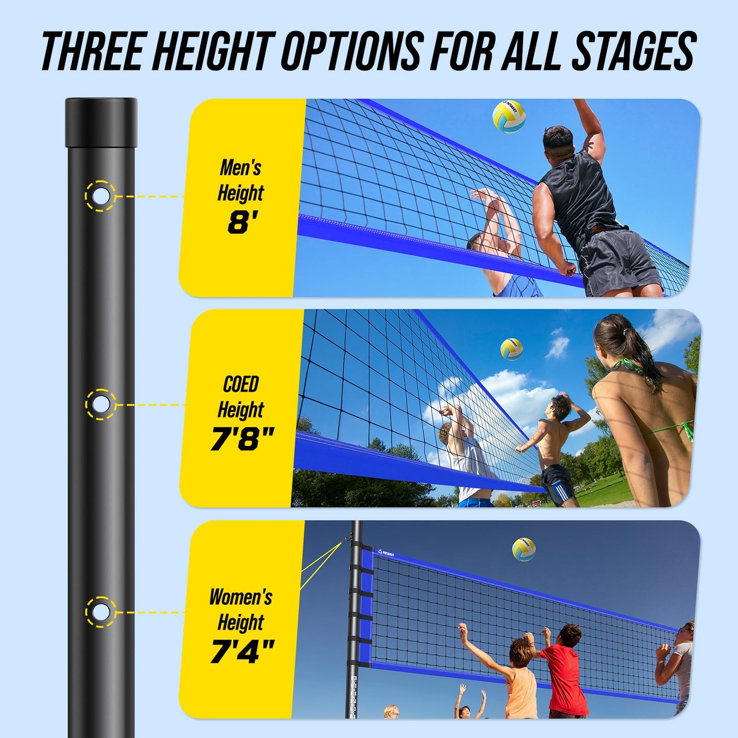 Outdoor Volleyball Net Set for Backyard & Beach, 32FT Regulation Size, Easy Setup Adjustable Height Poles, Portable Net System with PU Volleyball, Pump & Carry Bag