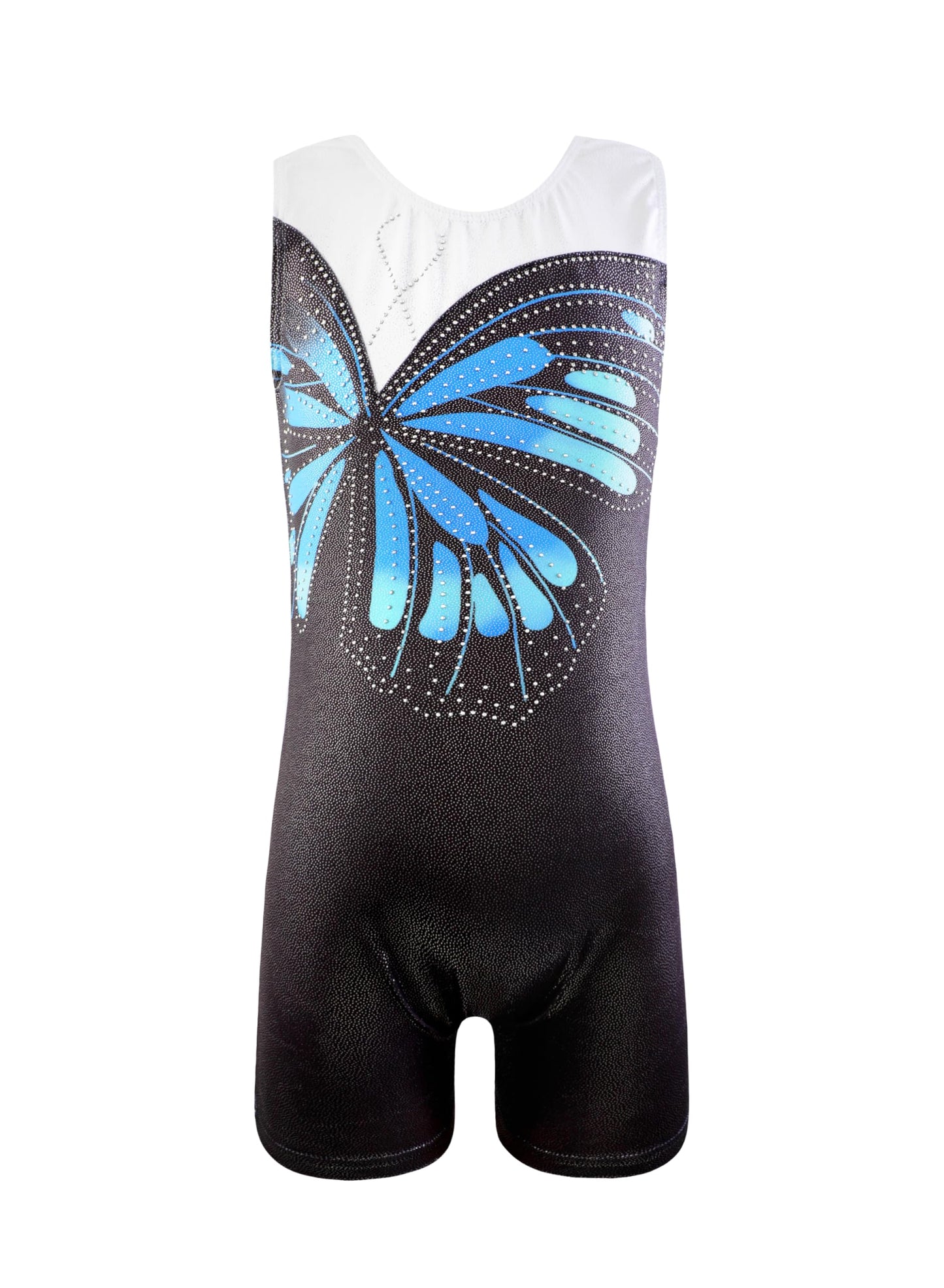 HOZIY Gymnastics Leotards for Girls Butterfly Blue Black White Spliced Biketard Tumbling Outfits Rhinestone Diamond 7-8 Years